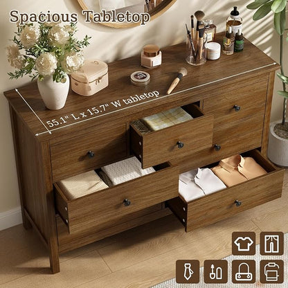 CARPETNAL Oak Dresser for Bedroom, 7 Drawer Dresser with Wide Drawers and Metal Handles, Wood Dressers & Chests of Drawers for Hallyway, Entryway