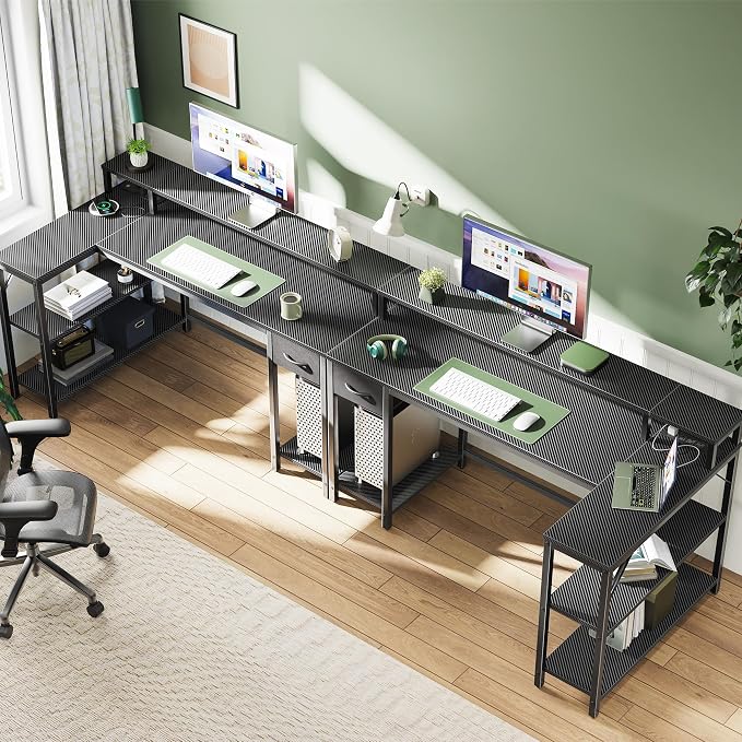 SUPERJARE 53 inch Reversible L Shaped Desk with LED Lights & Power Outlets, Computer Desk with Shelves & Monitor Stand, Gaming Desk with Drawer, Home Office Desk, Carbon Fiber Black