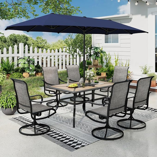 Sophia & William Patio Set with Umbrella Outdoor Dining Set for 6 with 13ft Umbrella Blue, 6 x Patio Chairs Brown, 1 Wood Like Outdoor Dining Table for Deck Lawn Garden (No Umbrella Base)