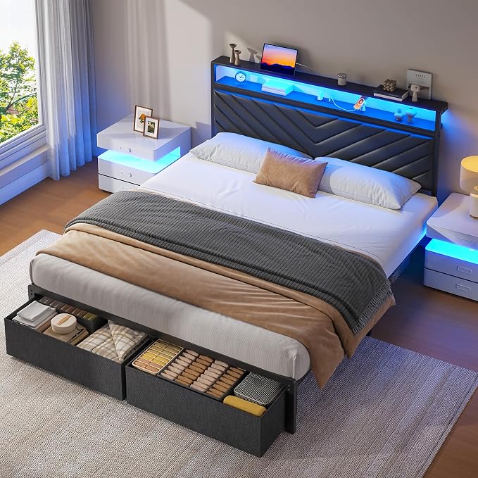 Fluest Queen Bed Frame with 2 Drawers, Upholstered Headboard with Storage and Charging Station, LED Lights, Fabric Drawers with Wheels, Under Bed Storage, No Box Spring Needed, Easy Assembly, Black