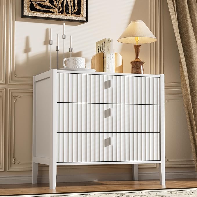 Furniway 31.5" Wide White 3 Drawer Nightstand, Modern Fluted Bedside Table with Metal Handles, Large Storage End Table for Bedroom