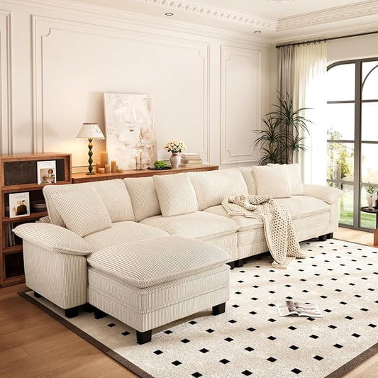 PHI VILLA Cloud Modular Couch Sets, 157.5" Oversized Sectional Sofa with L-Shaped Chaise, 5-Seater Upholstered Couches with Movable Ottoman for Living Room, Corduroy Beige