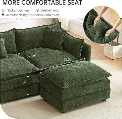 Modular Sectional Sofa, 147.2 Inch U Shaped Couch Set with Armrests, 4-Seater Comfy Cloud Couches with Movable Ottoman for Living Room Apartment, Green