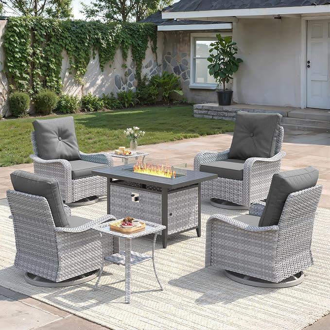 7-Piece Outdoor Conversation Set with 43" Fire Pit Table, 4 Swivel Rocking Chairs (4" Cushions) & 2 Side Tables, All-Weather PE Rattan & Steel Frame for Porch, Deck, Charcoal Gray