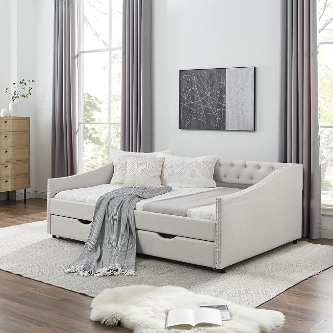 KEIKI Full Size Upholstery Daybed with 2 Drawers and Headboard, Mid-Century Style Tufted Sofa Bed with Button on Back, Easy Assembly, No Box Spring Required, for Living Room and Bedroom, Beige