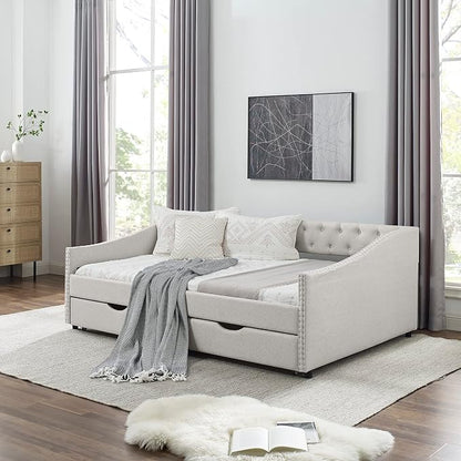 KEIKI Full Size Upholstery Daybed with 2 Drawers and Headboard, Mid-Century Style Tufted Sofa Bed with Button on Back, Easy Assembly, No Box Spring Required, for Living Room and Bedroom, Beige