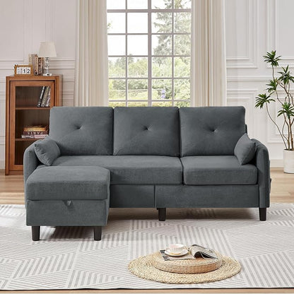 Convertible Sectional Sofa, 77" Small L Shaped 3 Seat Couch with Reversible Storage Chaise, Modern Polyester Fabric Sofa Couches for Living Room, Apartment and Small Space, Dark Grey