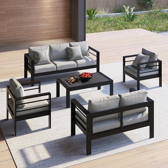 Kiss the Water 3 Seats Aluminum Outdoor Patio Sofa Set, All Weather Rust-Proof Metal Patio Couch, Modern Outdoor Furniture for Backyard Porch Garden, 5" Thick Waterproof Olefin Cushions, Light Grey