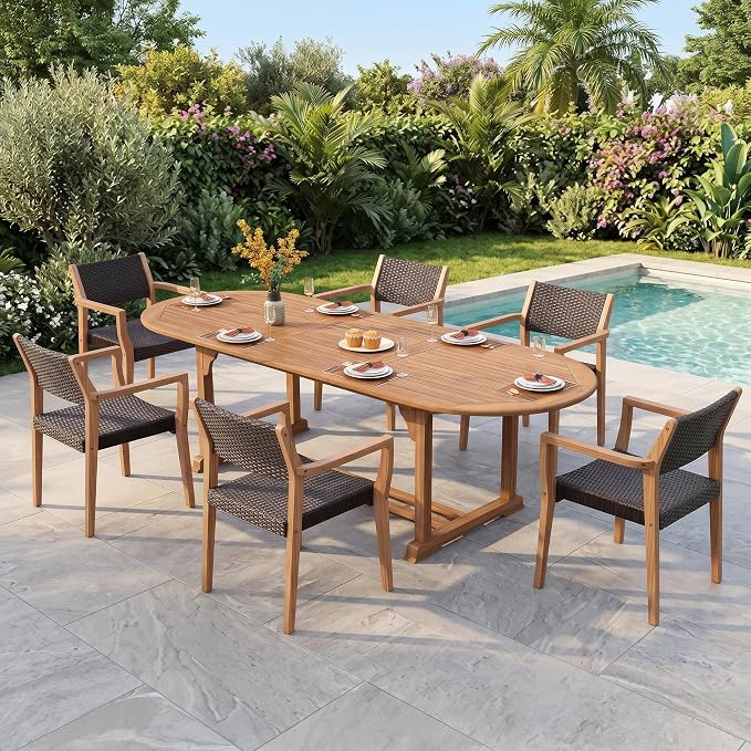 PHI VILLA Outdoor Acacia Wood Chairs Set of 2, Heavy-Duty Patio Dining Armchairs with Wicker Back & Seat, Farmhouse Style Teak Seating Furniture for Deck, Yard, Balcony