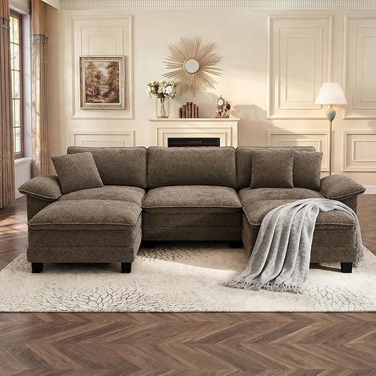 PHI VILLA Cloud Modular Couch Sets, 123.6" Oversized Sectional Sofa with U-Shaped Chaise, 5-Seater Couches with 2 Movable Ottomans for Living Room, Chenille Grayish Brown