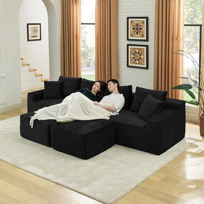 115" U-Shaped Cloud Sectional Couch, Modular Compressed Boneless Sectional Sofa W/Reversible Ottoman Chaise Lounge, Plush Corduroy Boneless Symmetrical Sofa for Living Room
