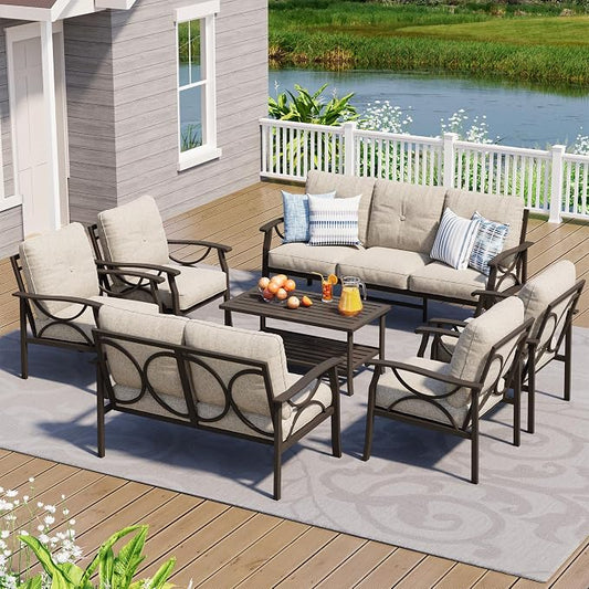 FansaFurn 7-Pieces Outdoor Patio Furniture Set, Outdoor Metal Sectional Furniture with Cushions, Outdoor Conversation Seating Set with Coffee Table for Garden, Balcony, Deck, Backyard, Khaki