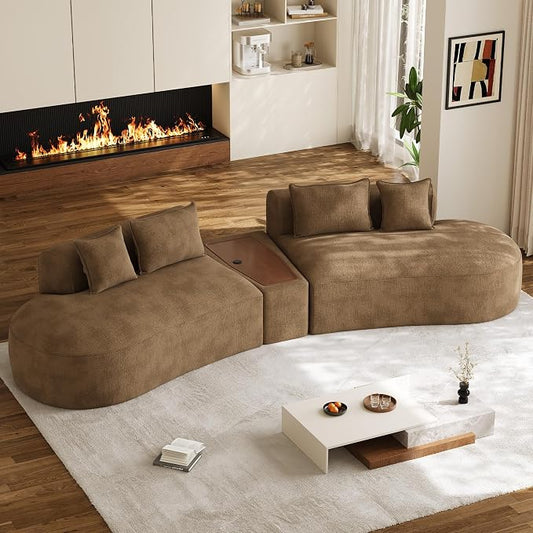 153.3" Oversized Curved Sectional Sofa, Luxury Chenille Cloud Couch for Living Room, Large Modern Modular Deep Seat Sofa with Movable Coffee Table & USB, No Assembly Needed, Brown
