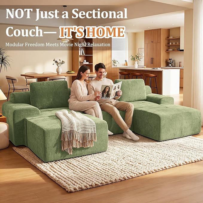 122" Oversized Boneless Couch, Comfort Cloud Sectional Couches for Living Room, Modular Sofa High Back & Extra Deep Seat, No Assembly, Soft Chenille Fabric (Olive Green, 122 inch-（3+0）)
