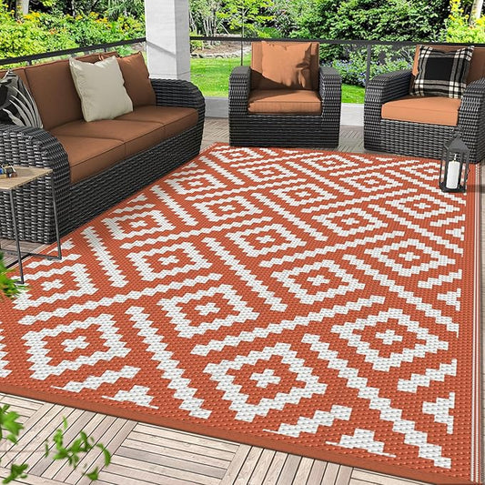 GENIMO Outdoor Rug for Patio, 6'x9' Fall Reversible Plastic Straw Rugs, Waterproof Halloween RV Camping Mat Lightweight Carpet for Camper, Balcony, Deck, Backyard, Picnic, White Orange