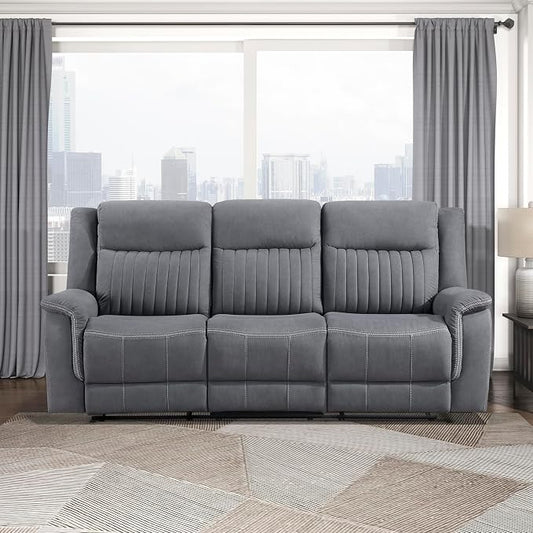 Lexicon Manual Double Reclining Sofa, Polished Microfiber Upholstered 3 Seater Manual Sofa Recliner for Living Room, Wall Hugger, Easy Assembly, Gray