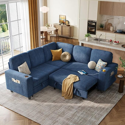 LINSY HOME Sleeper Sofa Bed with Pull Out Couch Modular Sectional Sofa (Blue, Sleeper Sofa 2) | Pull Out Sofa Bed, USB Charging, Cup Holders, Plush Corduroy, Storage