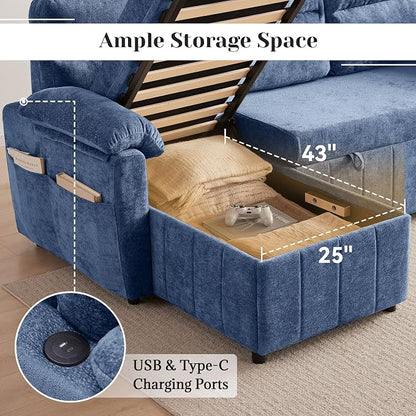 Tbfit 80'' Sleeper Sofa Bed, 3 in 1 Cloud Pull Out Sofa Couch with USB & Storage Chaise, Chenille Convertible Sofa Bed with Pull Out Bed, Couches for Living Room, Apartment, Office, Blue