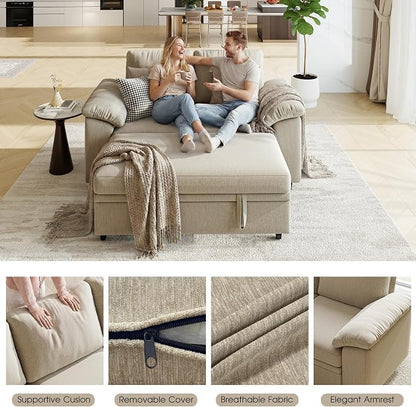 WorthFurni 61” Pull Out Couch, 2 in 1 Sleeper Sofa Bed with Throw Pillow, Convertible Small Loveseat Sleeper Couch for Living Room, Bedroom, Apartment (Sand)