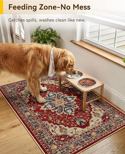 RELEANY Area Rugs Small 2'x3' Washable Non-Slip, Floral Vintage Distress Medallion Carpet for Kitchen Entryway Bathroom, Red Blue