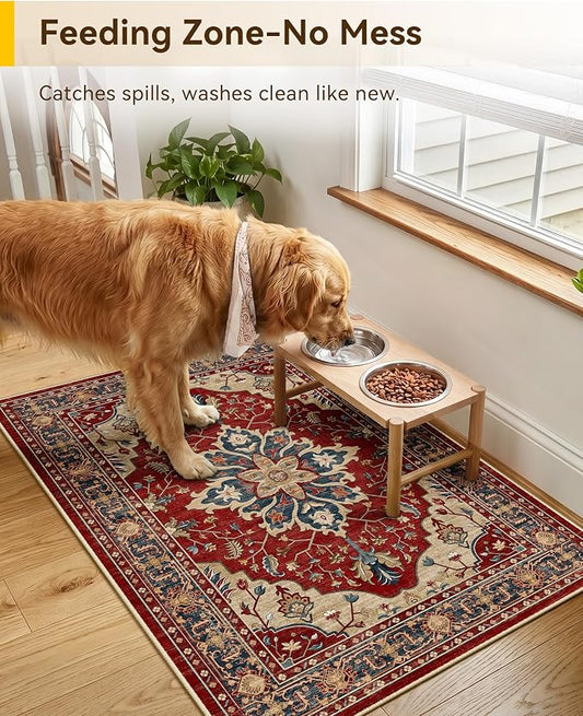 RELEANY Area Rugs Small 2'x3' Washable Non-Slip, Floral Vintage Distress Medallion Carpet for Kitchen Entryway Bathroom, Red Blue