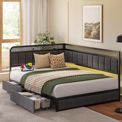 LIKIMIO Full Corner Bed Frame, Modern Daybed with Upholstered Guardrail | Under-Bed Storage Drawers, Built-in Charging Station, Adjustable Smart LED Lights, Gray