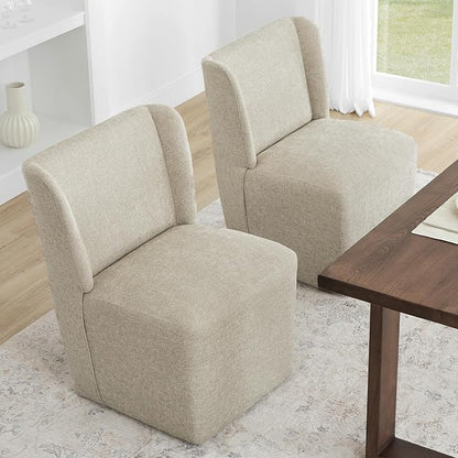 KISLOT Upholstered Dining Chairs Set of 1 with Casters, Wingback Modern Side Armless Deskchair with Rollers for Diningroom Bedroom Livingroom Reading Room, Sand Fabric