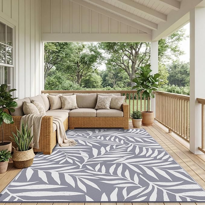 Smiry Outdoor Rug 8x10 ft, Waterproof Reversible Plastic Straw Rugs, Outdoor Area Rug with Leaf Pattern, Outside Floor Mat for Patio, Backyard, Deck, Picnic, Beach, Camping, Grey & White