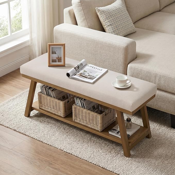 Zihanhome 45" Entryway Bench Upholstered Storage Bench for Bedroom Shoe Rack Bench for Living Room, Hallway, Mudroom, Balcony, Sturdy Indoor Bench Seat Holds Up to 300 lbs (Beige)