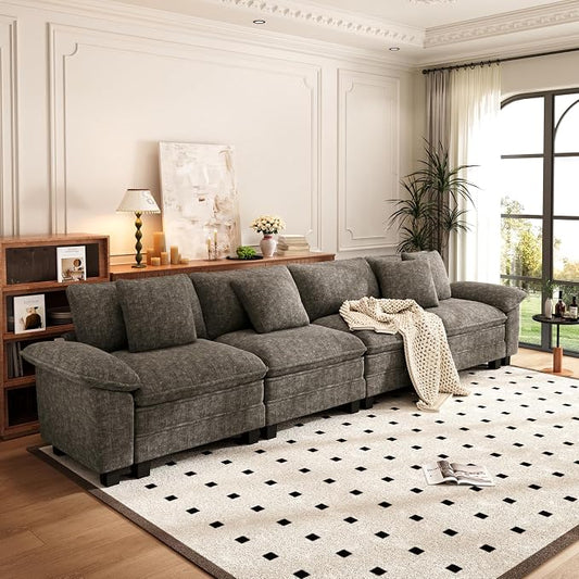 PHI VILLA Cloud Modular Couches Sets, 157.5" Sectional Sofa with Upholstered Deep Seat, 4-Seater Long Couches for Living Room Apartment, Chenille Fabric, Smoky Grey