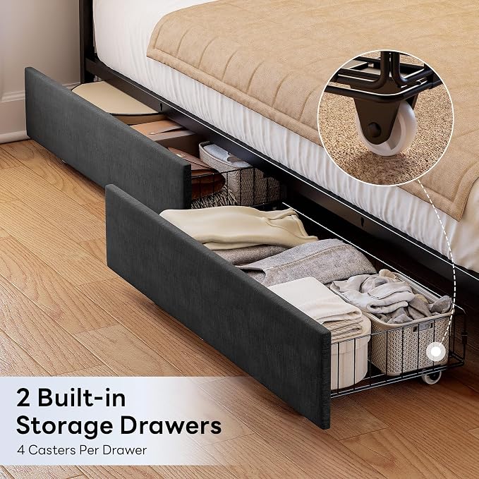 LIKIMIO Twin XL Corner Bed Frame, Modern Daybed with Upholstered Guardrail | Under-Bed Storage Drawers, Built-in Charging Station, Adjustable Smart LED Lights, Gray