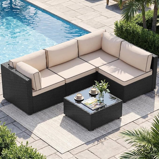 5 Piece Outdoor Patio Furniture Set,Black PE Rattan Wicker Sectional Sofa, All Weather Conversation Set with Washable Cushions & Glass Coffee Table for Backyard Poolside Garden Porch,Khaki