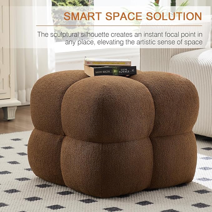 Zesthouse Square Pouf Ottoman Footstool, Modern Backless Vanity Chair for Bedroom, Boucle Poofy Footrest for Couch, Upholstered Tufted Footstool, Fabric Ottoman Coffee Table for Living Room Rust Brown