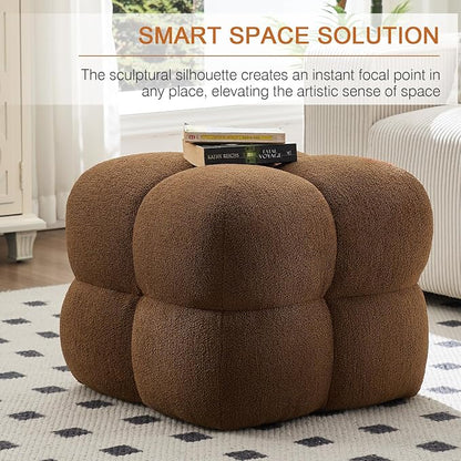 Zesthouse Square Pouf Ottoman Footstool, Modern Backless Vanity Chair for Bedroom, Boucle Poofy Footrest for Couch, Upholstered Tufted Footstool, Fabric Ottoman Coffee Table for Living Room Rust Brown