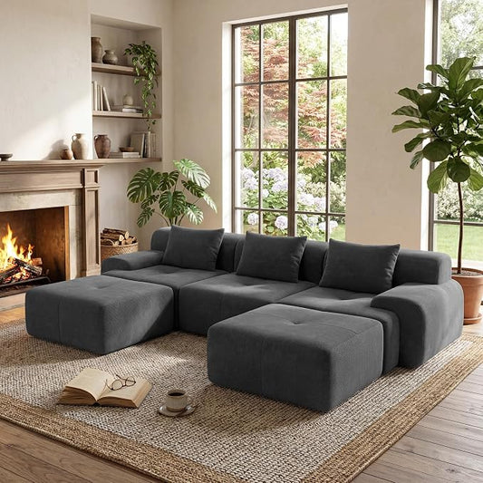 GRUSIGN 118'' Modular Sectional Oversized Boneless Couch, Tufted Cloud Sectional Couches for Living Room, U Shape Deep Seat Sofa with 2 Ottoman & 3 Throw Pillows,Corduroy Couch,Dark Grey