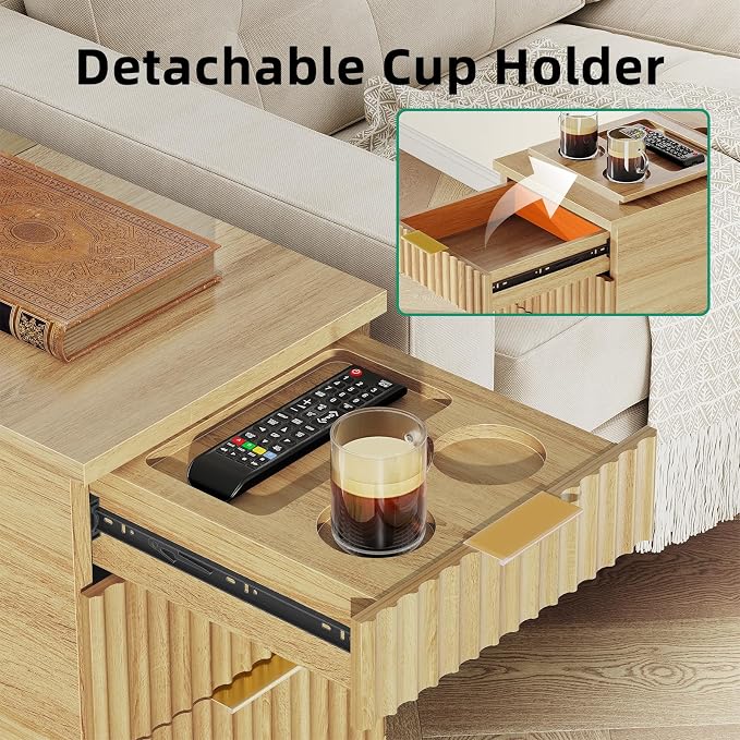 Kalrin Narrow Nightstand with Hidden Outlets & USB Ports, Modern Fluted Bedside Table with 3 Drawers, Engineering Wooden End Tables for Bedroom and Living Room(Natural Oak)