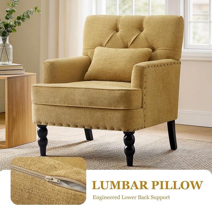 HUIMO Set of 2 Accent Chairs for Living Room, Tufted Upholstered Club Chairs with Lumbar Pillows, Vintage Reading Armchairs with Solid Wood Legs for Bedroom Apartment, Mustard Yellow