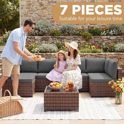 LHBcraft Patio Furniture Set with Rain Cover,7 Pieces Outdoor Wicker Rattan Patio Furniture, Wicker Rattan Outdoor Sectional Sofa Set with Coffee Table for Garden, Poolside Taupe-Grey