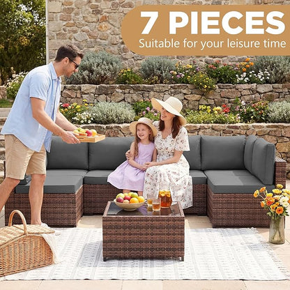 LHBcraft 7 Pieces Outdoor Wicker Rattan Patio Furniture with Rain Cover, Wicker Rattan Outdoor Sectional Sofa Set with Coffee Table & Gery Cushions for Garden, Poolside