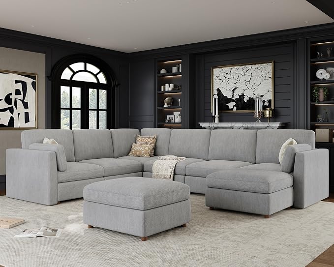 Oversized Modular Sectional Sofa U-Shaped Cloud Couches Gray | Large Deep Seat Couch for Living Room, 8 Seater Luxury Corner Sofa with Ottoman, Solid Wood Frame, Removable Washable Cover