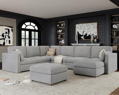 Oversized Modular Sectional Sofa U-Shaped Cloud Couches Gray | Large Deep Seat Couch for Living Room, 8 Seater Luxury Corner Sofa with Ottoman, Solid Wood Frame, Removable Washable Cover