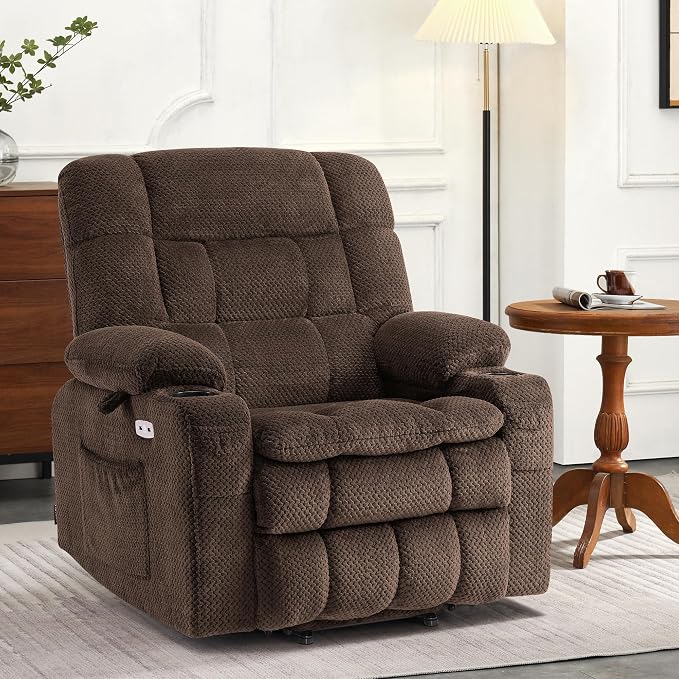 MCombo Small Dual Motor Power Lift Recliner Chair for Elderly, Zero Gravity Lift Chair with Heat and Massage, Lay Flat Recliner for Petite, USB Ports, Fabric R7894 (Small-Wide, Coffee)