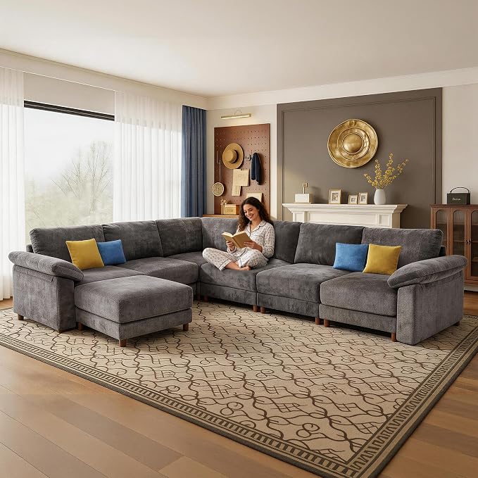 Oversized Modular Cloud Couch with Removable Washable Cover, L/V-Shaped Sectional for Large Living Room, Plush Chenille & Deep Seat（Grey）