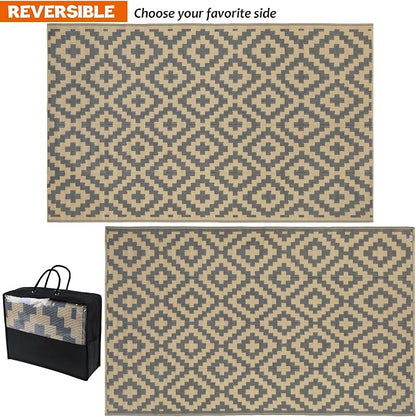 SAND MINE Reversible Mats, Plastic Straw Rug, Modern Area Rug, Large Floor Mat and Rug for Outdoors, RV, Patio, Backyard, Deck, Picnic, Beach, Trailer, Camping, Grey & Tan, 5' x 8'