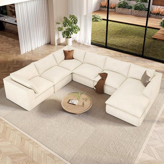 Vesgantti 141.7" Oversized Sectional Boneless Couch, Modern 7 Seater Modular Sofa with Chaise, Deep Seat Convertible Plush Corduroy Cloud Couches for Living Room, No Assembly Required, Beige