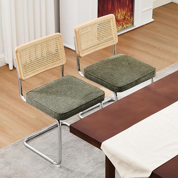 Zesthouse Natural Rattan Dining Chairs Set of 6, Mid Century Modern Dining Chairs with Solid Wood Back & Chrome Base, for Kitchen Living Room, Breuer Design Inspired, Upholstered Linen Fabric, Green