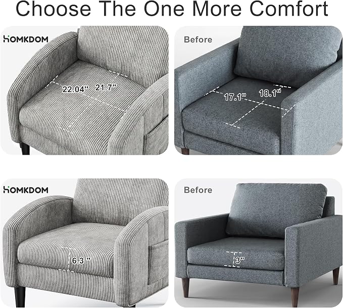 Homkdom Accent Chairs Set of 2 for Living Room,Mid Century Modern Reading Chair with 2 Side Pockets,Upholstered Armchair for Apartment,Small Room,Grey