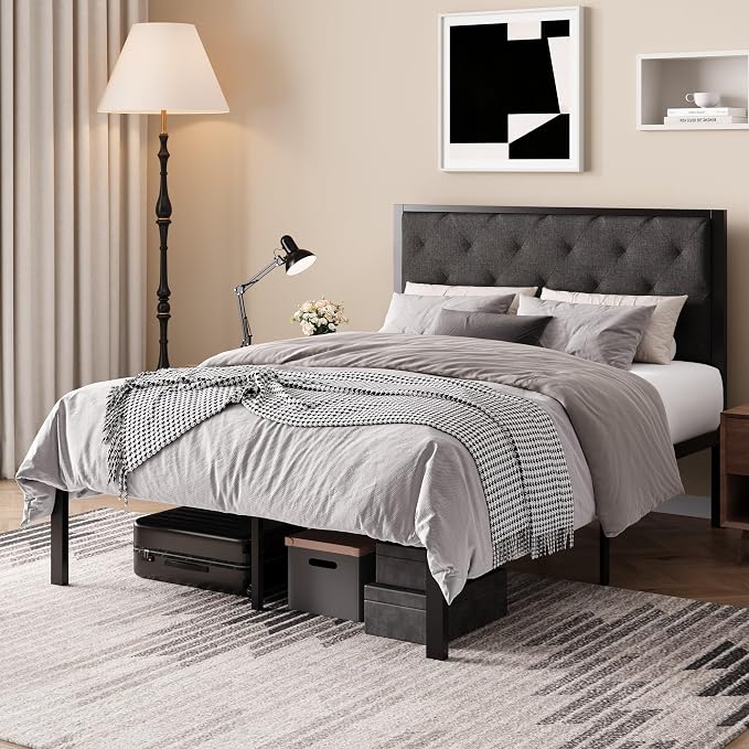SHA CERLIN Full Size Metal Bed Frame with Linen Tufted Headboard, Dark Gray | Modern Design Heavy-Duty Platform Bed, No Box Spring Need, Linen Fabric Upholstery, Noise Free, Easy Assembly