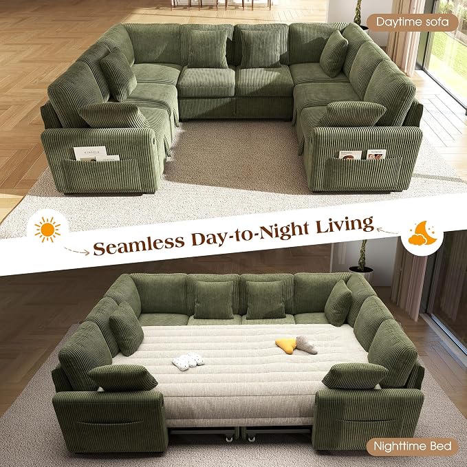 Ihanherry 8-Seater Large Sectional Sofa Bed with Storage Lovescat, Corduroy Modular Sleeper Sofa with USB Port & 6 Pillows, 110" U-Shaped Convertible Couch for Large Living Room（Green）
