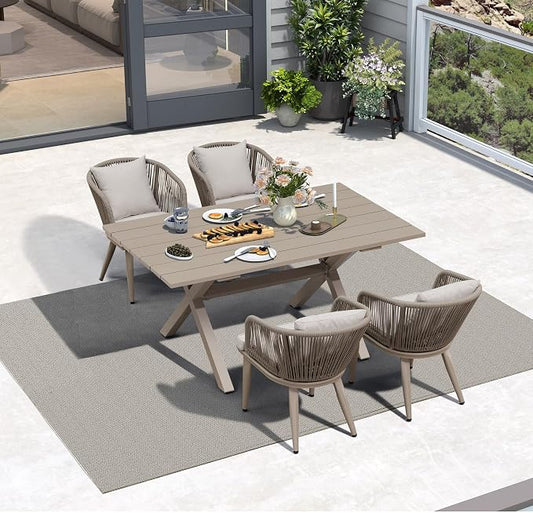 PURPLE LEAF 5 Pieces Patio Dining Set Wicker Outdoor Furniture Rectangular Table and Chairs Set for Garden Deck Aluminum Frame Backyard Kitchen Set, Cushions and Pillows Included Champagne